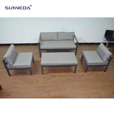 2021 Outdoor Garden Furniture European Aluminum Patio 4 Seat Sectional Sofa Sets with Bamboo Armrest