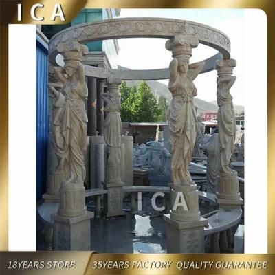 Outdoor White Marble Gazebo with Caryatid for Garden Park Decoration