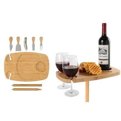 Foldable Wine Table with Large Wine Cooler Bag Outdoor Wine Table with Bottle Holder Wine Picnic Table with Spatula, Plain Knife Cheese Fork