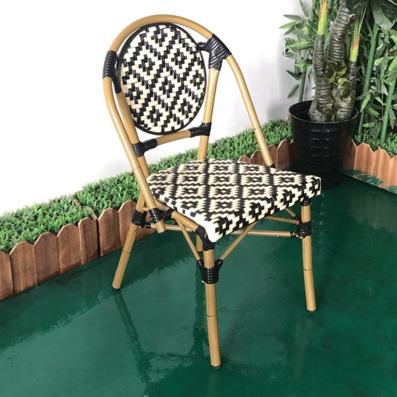 High Quality French Style Bistro Chair for Restaurant Cafe Aluminum PE Rattan Stackable Outdoor Dining Chair