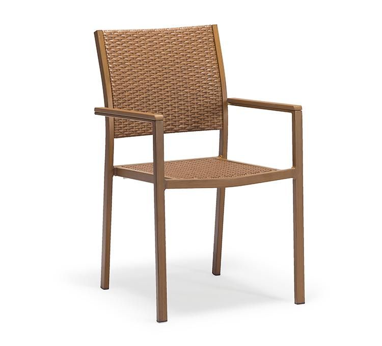 Indoor Outdoor French Wood Finish Wicker Rattan Back Woven Dining Chair Arms