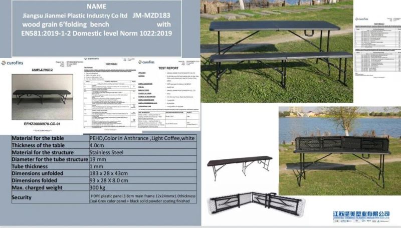 72 Inches Anthracite Black Wooden Looked 6FT Folding in Half Bench in Plastic Garden Camping Outdoor Chair Folding Bench Steel Frame Easy Storage Durable Solild