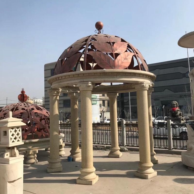 Granite Gazebo with Red Metal Hollow Ceiling for Garden Decoration