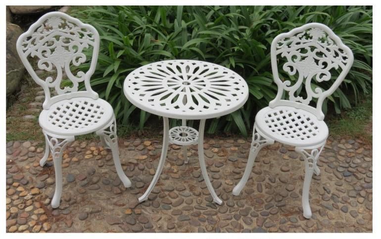Home Furniture, Piece of 3 Garden Cast Dining Table and Chair Sets, White Color, Aluminum Cast Chairs and Table