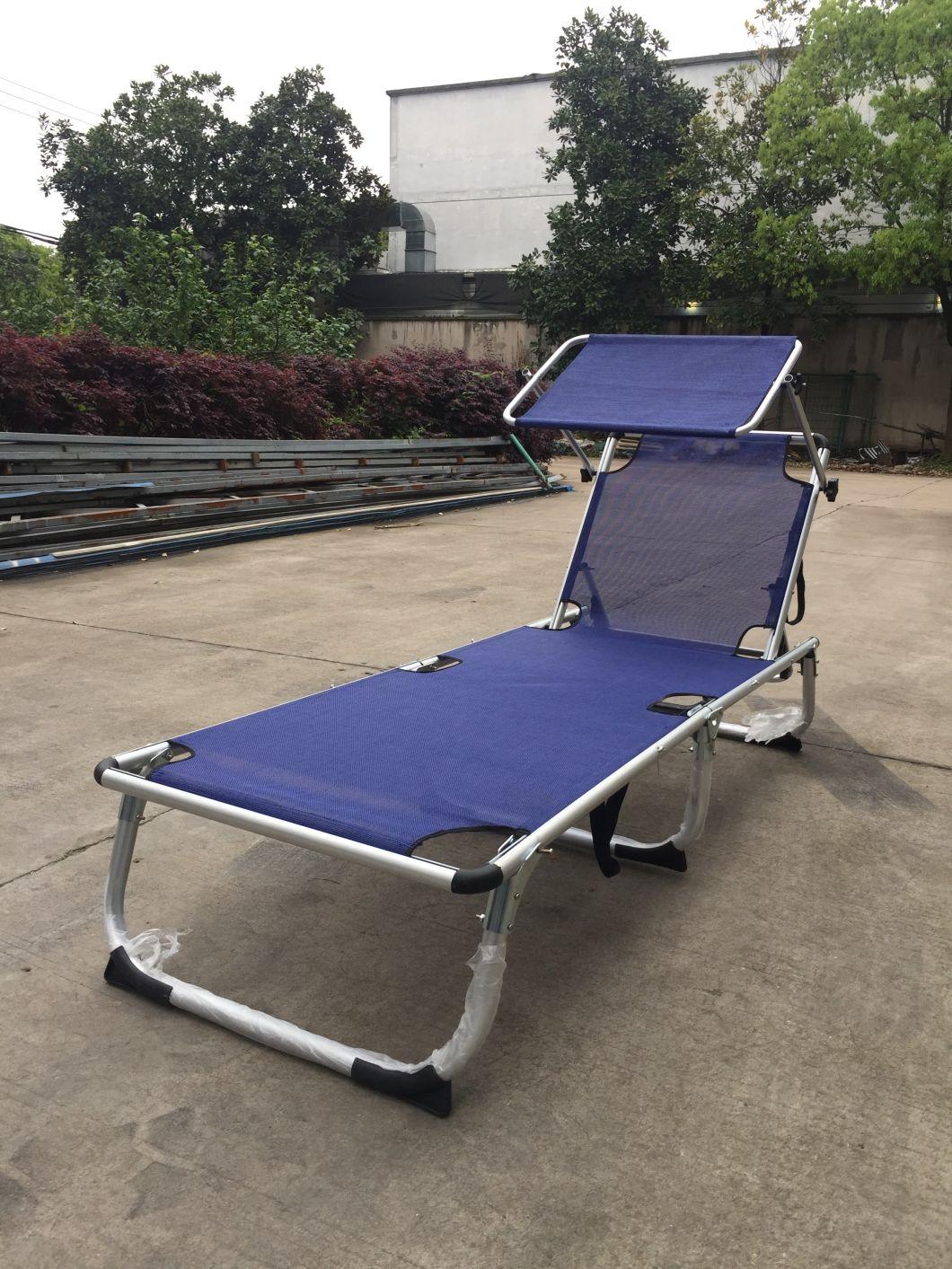 Blue Textline Fabric Aluminum Outdoor Chaise Lounge, Folding Sun Lounger with Shadow Cover