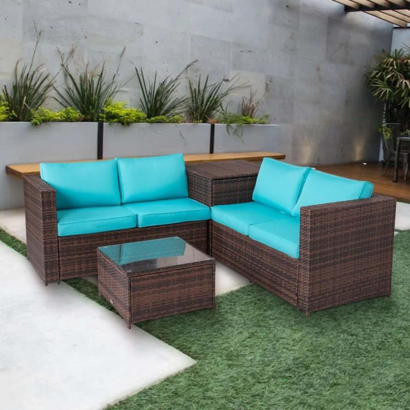 4 PCS Outdoor Dark Brown All-Weather Rattan Wicker Patio Loveseat Sofas Blue Cushion Seat Set Lawn Furniture with Storage Table