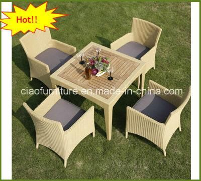 4 Seater Plastic Wicker Coffee Set with Teakwood Top