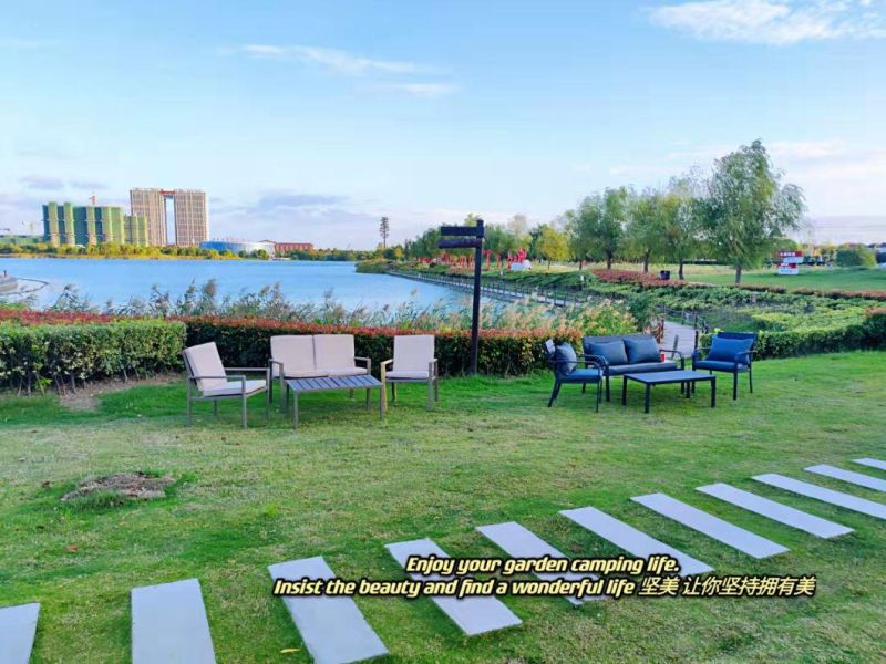 Outdoor Hot Sale Wholesales Modern Style Steel Frame Furniture PE Plastic Wooden Grain Coffee Color Patio Sofa Set in Garden Coffee Table and Chair in Talk