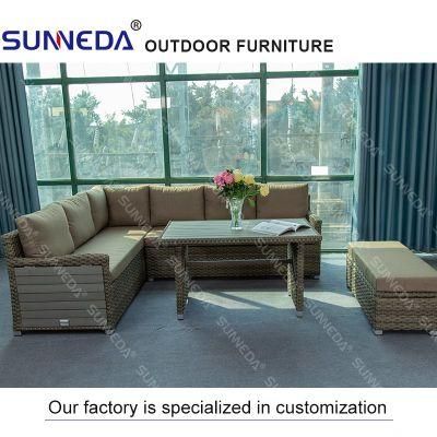 Modern Rattan Outdoor Corner Sofa Tea Table Set Combination for Pool Garden Hotel Cafe Bar Multi-Seat Sofa with Cushion