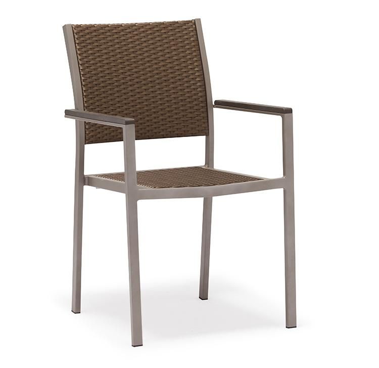 Modern Restaurant Outdoor Poly Rattan Dining Chair with Plastic Wood Armrest