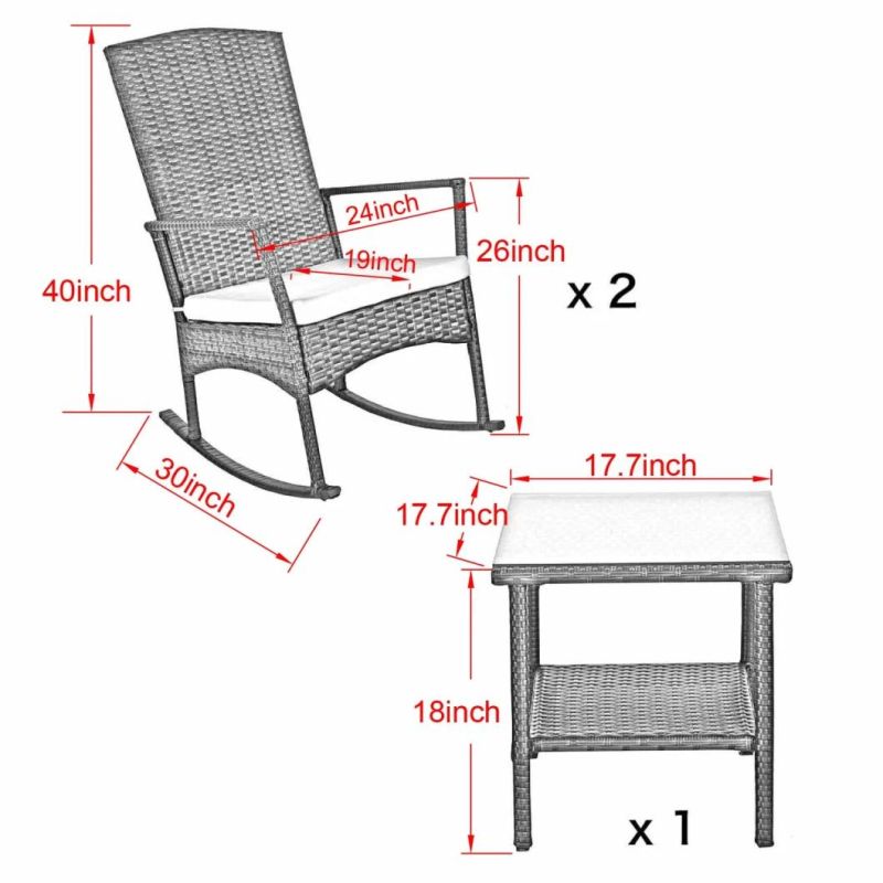 Rattaner Outdoor 3 Piece Wicker Rocking Chair Set Patio Bistro Set Conversation Furniture-2 Rocker Chair and Glass Coffee Side Table-& Blue Cushion