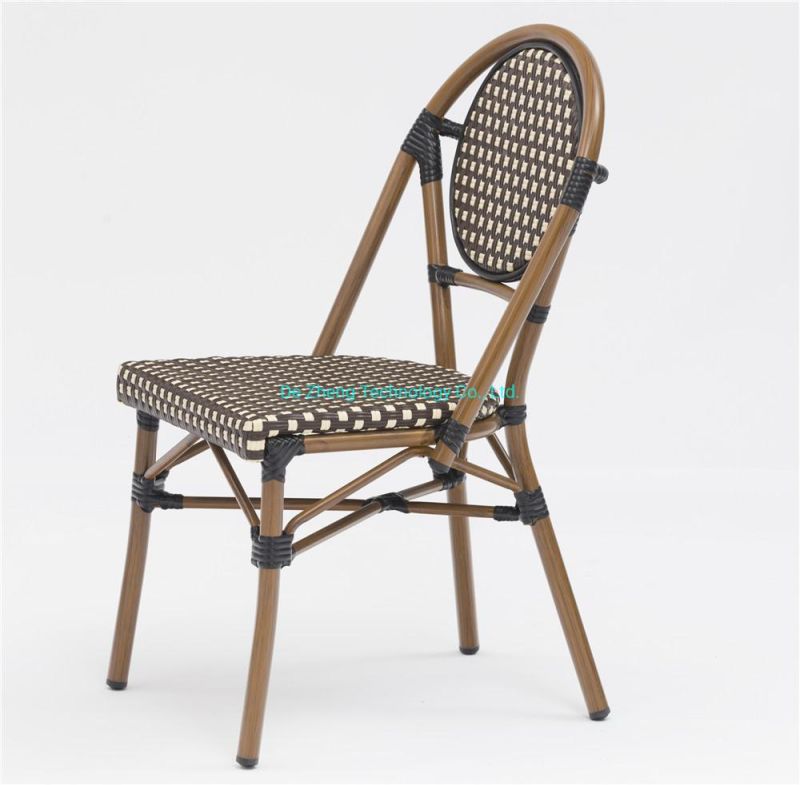 Hot Saling French Bistro Rattan Wicker Chairs Balcony Cafe Aluminum Bamboo Look Hotel Handmade Stacking Armless Dining Chairs