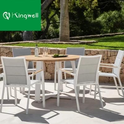 Luxury Outdoor Home Garden Furniture Teak Dining Table Net Cloth Chair with Teak Armrest