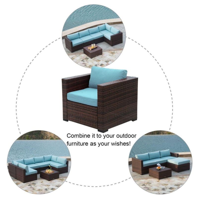 Patio Wicker Single Chair with Water Resistant Blue Olefin Cushion Outdoor Furniture All Weather Resin Rattan Arm Chair|Poolside, Porch, Garden (1 Piece)