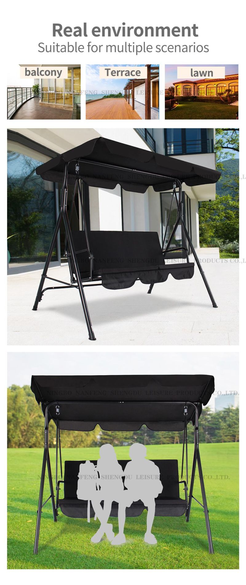 Patio Swing Chair, 2/3-Person Outdoor Canopy Swing,Porch Swing with Removable Cushion and Convertible Canopy,Outdoor Swing Chair for Patio,Garden,Poolside,Balco