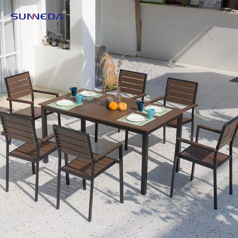 Hot Selling Modern Outdoor Garden Wood Plastic Aluminum Fjrame Dining Table