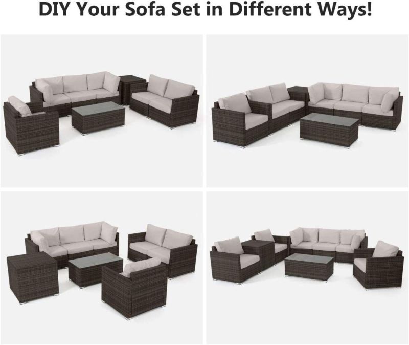 Modern 8 Pieces Extra Large Luxury Outdoor Patio Furniture Set with Side Storage Tables, with Glass Table and Cushions for Garden, Porch, Backyard Wicker Rattan