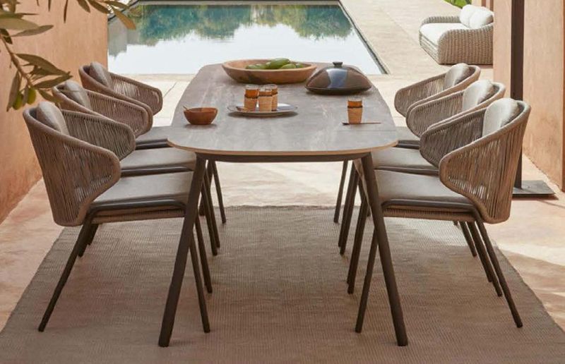 New Arrive Anti-Proof Hotel Outdoor Furniture Home Garden Use 6 People Villa Dining Chair Table Set in Rattan Rope Frame Aluminium Leg