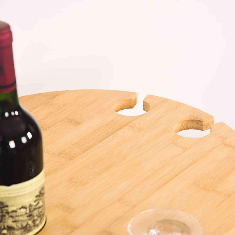 Round Wine Picnic Table with Bottle & Glass Holder Portable Bamboo Picnic Table Small Outdoor Folding Table Wooden Small Wine Table