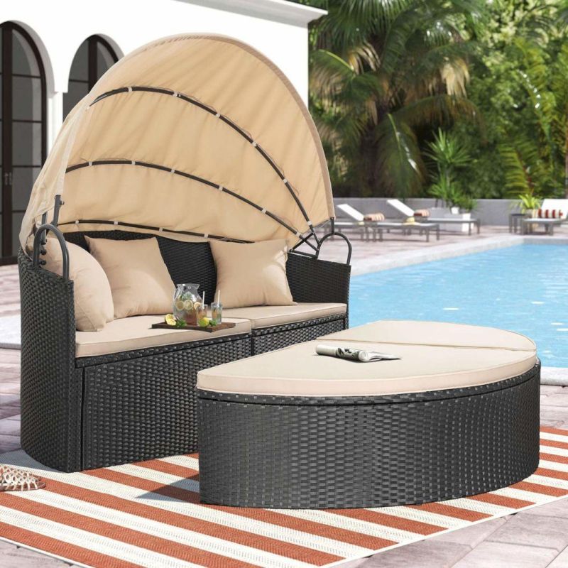 Outdoor Patio Round Daybed with Retractable Canopy Rattan Furniture Sectional Seating with Washable Cushions for Patio Backyard Porch Pool Patio Daybed Separate