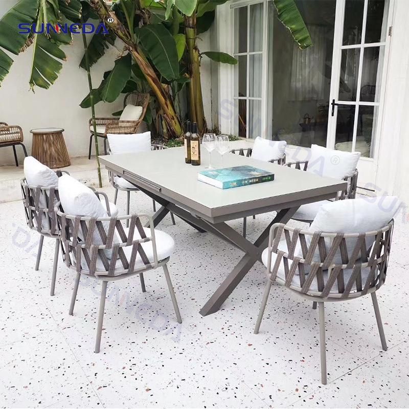 Hot Sale Patio Table with Stretchable Structure Screen Printing Glass Desktop
