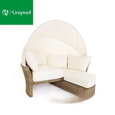 Hot Sale Garden Outdoor Sun Lounger Wicker Rattan Round Daybed with Canopy Patio Furniture