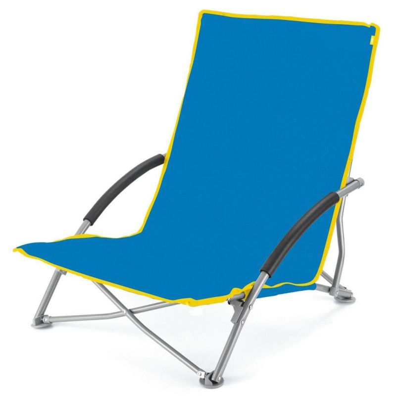 Easy Pop-up and Carry Folding Chair in Blue, Medium Seat Beach Chair with Wood Armrest and Sun Canopy