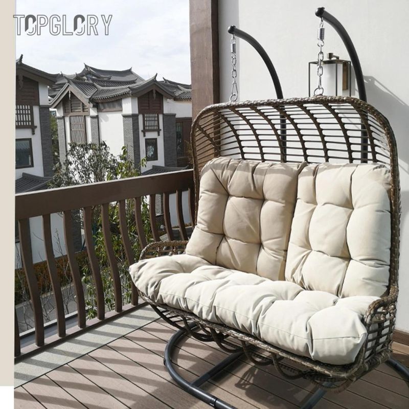 Double Wicker Patio Hammock Outdoor PE Rattan Garden Hanging Swing Chair