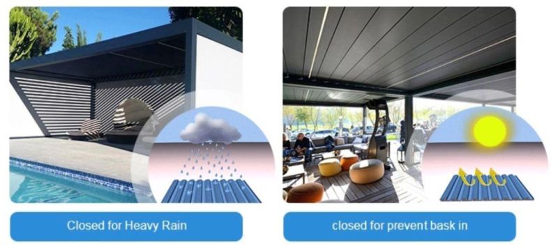 Emg Customized Waterproof Balcony Roof Gazebo Garden Pavilion/Electric Aluminum Louvered Gazebo with LED Large and Roller Blinds, Wind Sensor, Remote Control