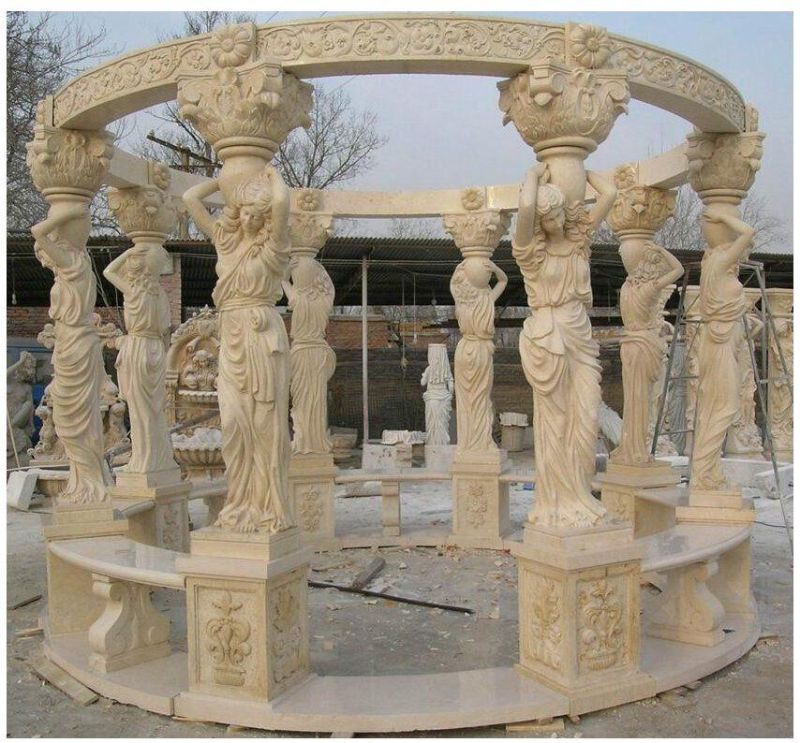 Luxury Natural Beige Marble Pavilion with Female Sculpture for Sale