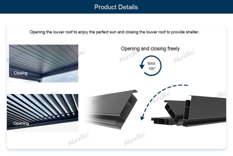 AlunoTec Easily Assembled Rainproof Louvered Roof Balcony Awning Gazebo Canopy Aluminuim Motorized Pergola