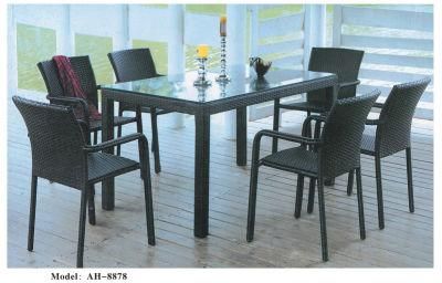 7 Piece Patio Wicker Dining Set, Outdoor Rattan Dining Furniture Glass Table Cushioned Chair, Brown