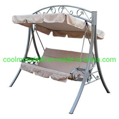 Deluxe 3 Seater Canopy Swing Chair Outdoor Garden Bench with Sun Cover Metal Frame - Beige Fabric