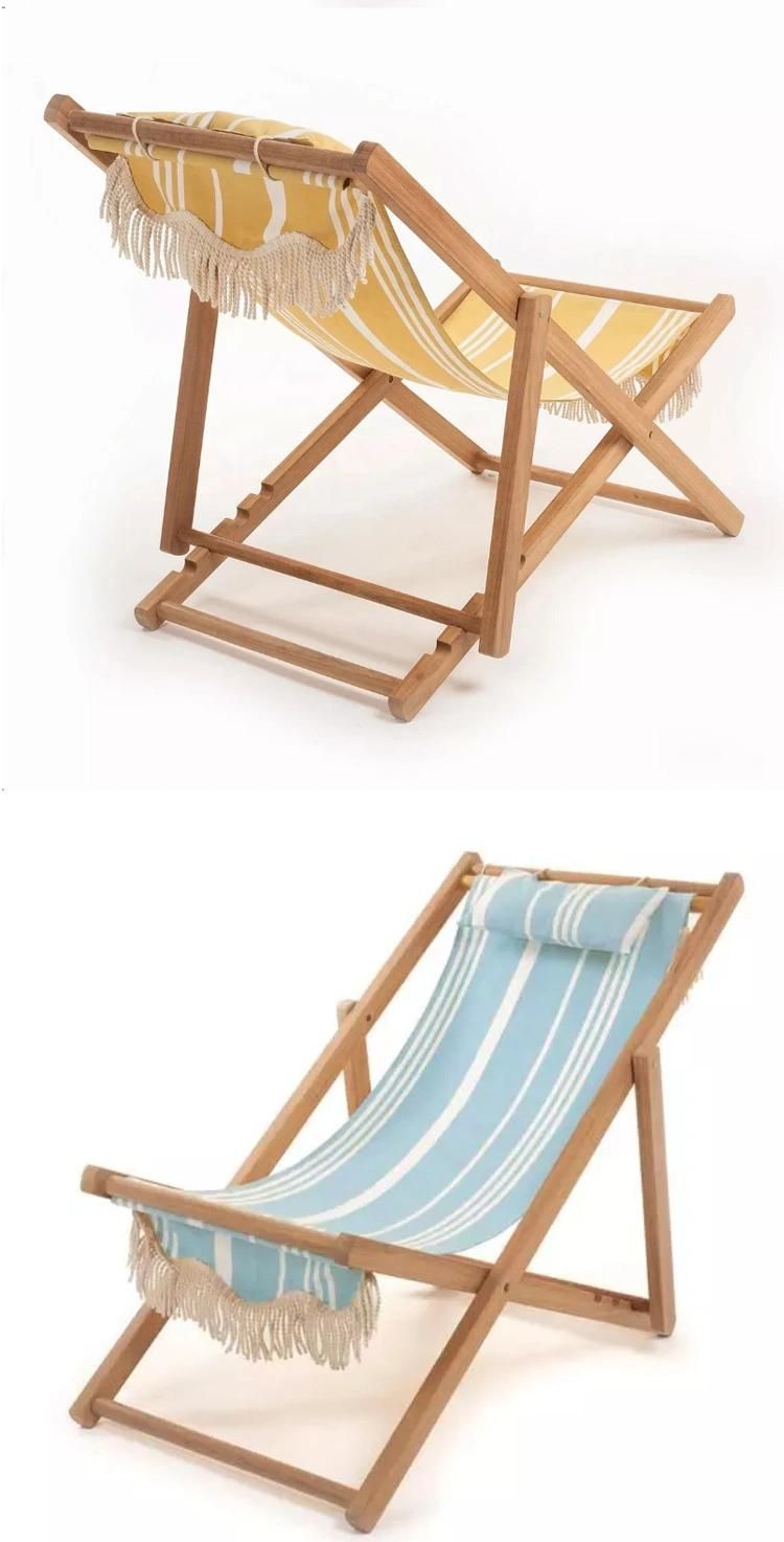 Adjustable Height Foldable Wooden Beach Chair with Pillow Red Stripe Pattern Moon Chair