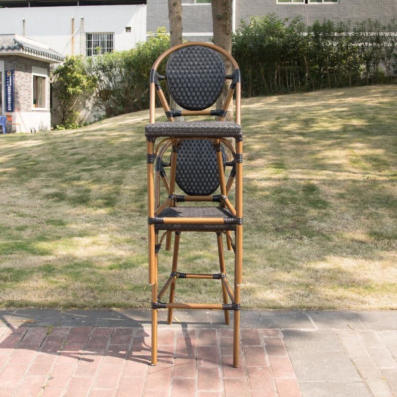 Rounded-Back Synthetic Wicker & Bamboo Bar Chair Commercial Outdoor Bar Stool