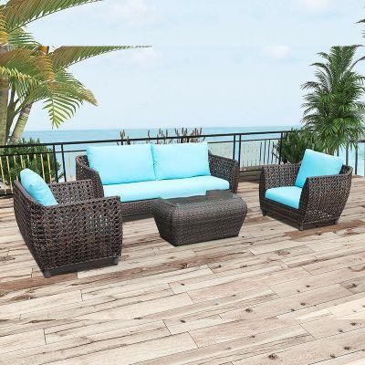 Elegant Home Design Rattan Furniture Garden Sofa Lounge Set with Wood Armrest