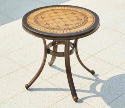 Wooden Veneer Carved Top Round Coffee Table Die Cast Frame Outdoor Table for Garden or Country Yard