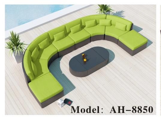 Outdoor Sectional Furniture Half-Moon Patio Curved Sofa Set Brown Rattan Wicker Beige Cushions W/Round Coffee Table & Side Table