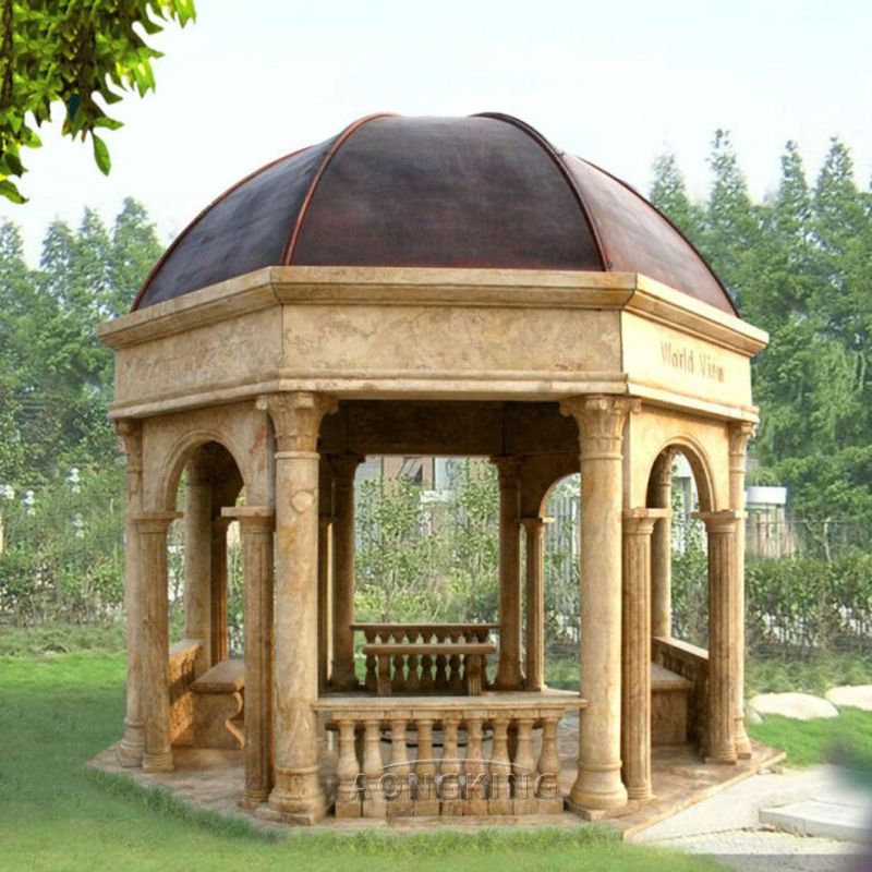 Outdoor Park Natural Marble Stone Gazebo with Metal Top