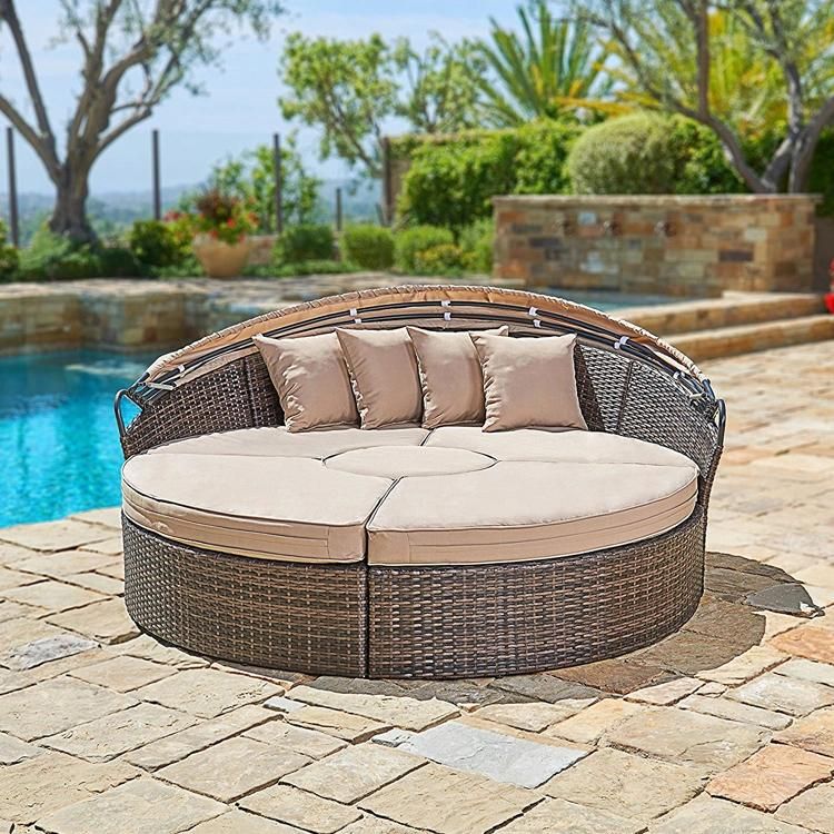 Round Sunbed Rattan Garden Canopy Daybed with Waterproof Seat Cushion for Outdoor Use