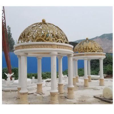 Round Gazebo with White Marble Columns and Golden Metal Roof