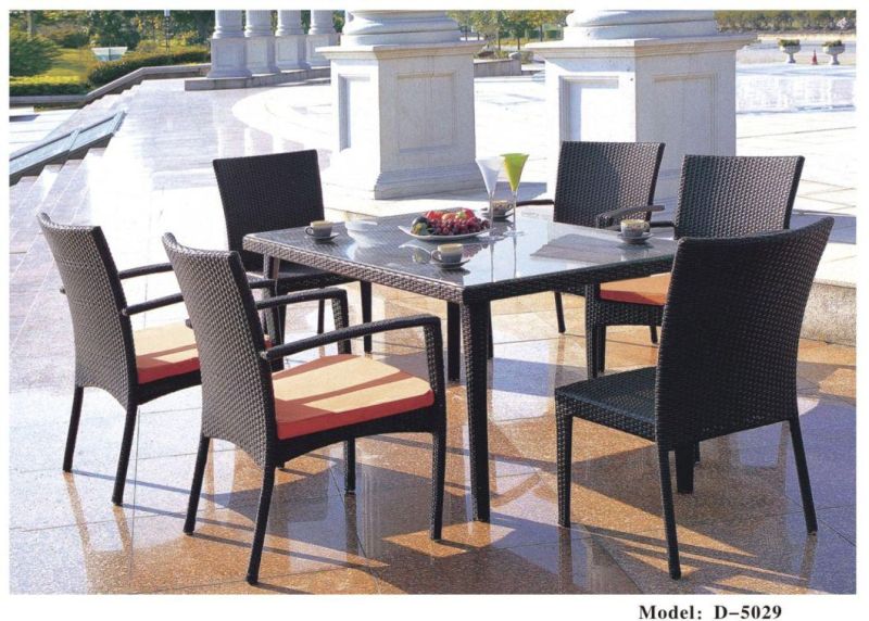 7 Piece Patio Wicker Dining Set, Outdoor Rattan Dining Furniture Glass Table Cushioned Chair, Brown