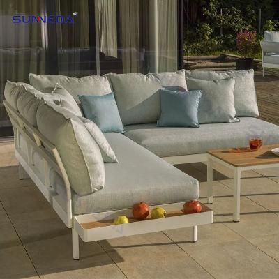 New Arrival Hotel Garden Metal Outdoor Sofa Modern with Side Table Sofe Cushion and Teak Cover House Furniture Set