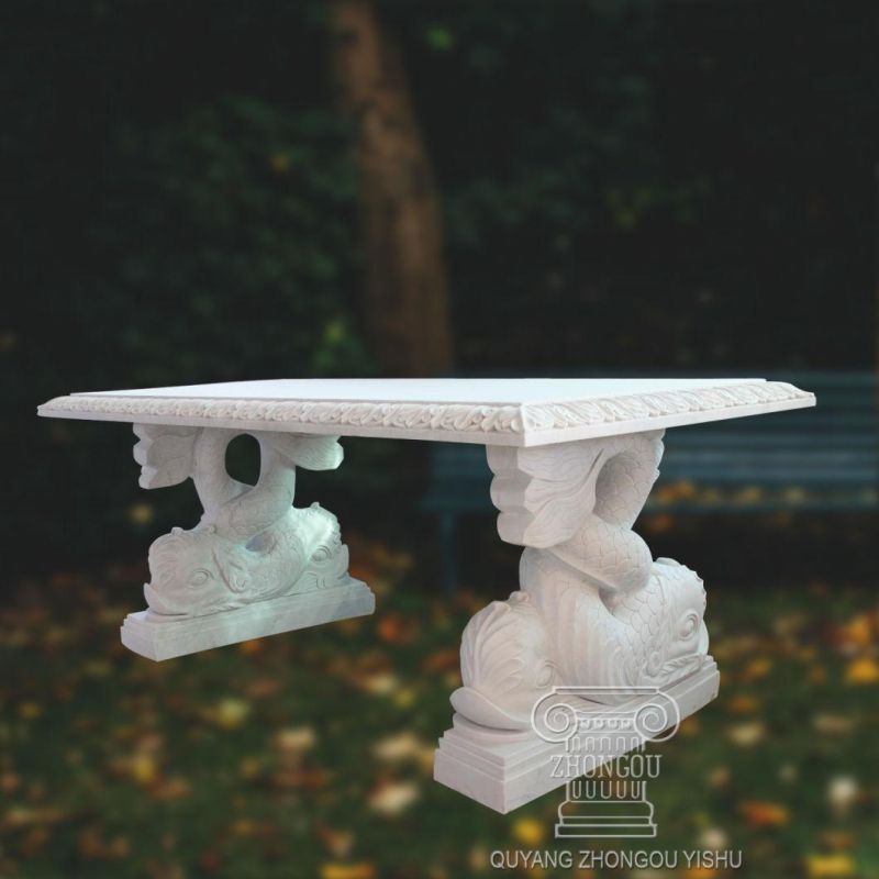 Natural Marble Bench with Dolphin Statue Standing for Garden Decoration