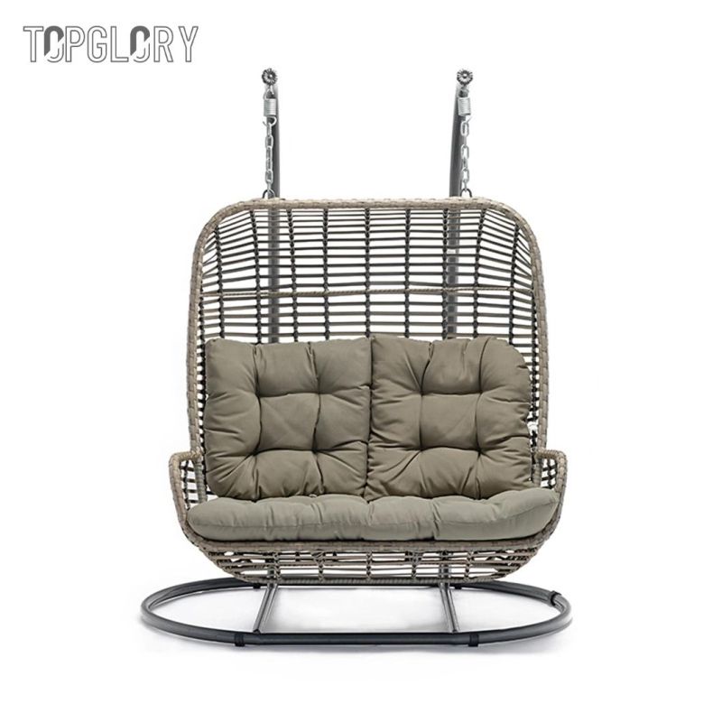 Double Wicker Patio Hammock Outdoor PE Rattan Garden Hanging Swing Chair