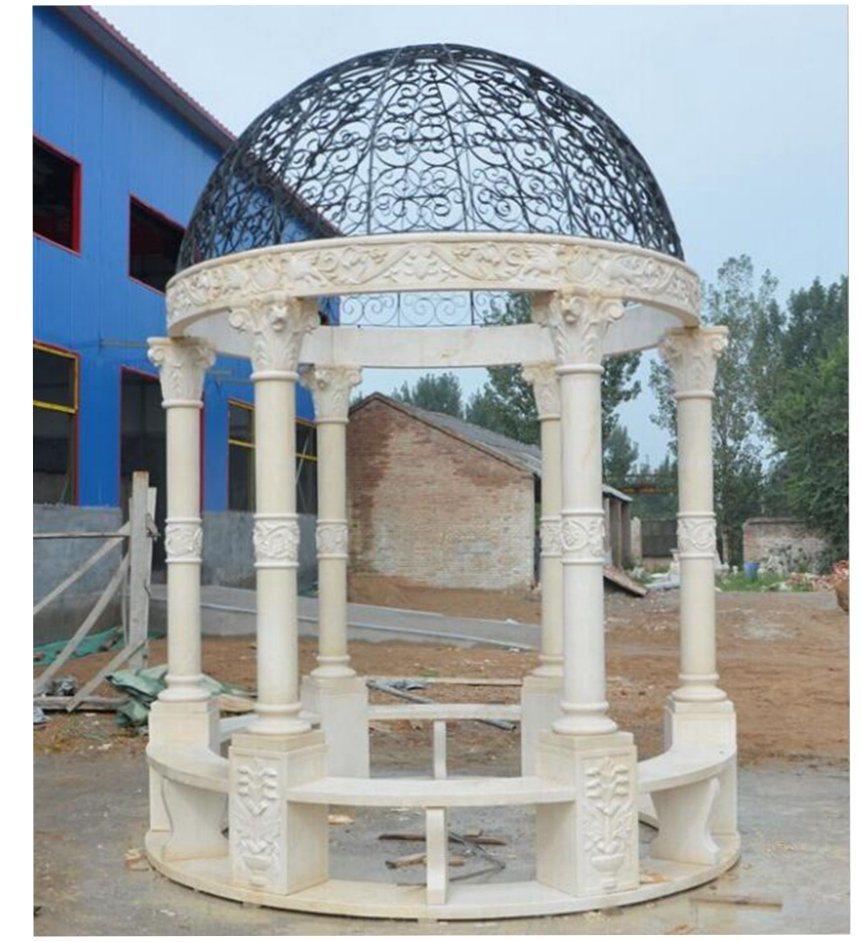 High Quality Garden Marble Stone Round Gazebo with Iron Roof for Sale