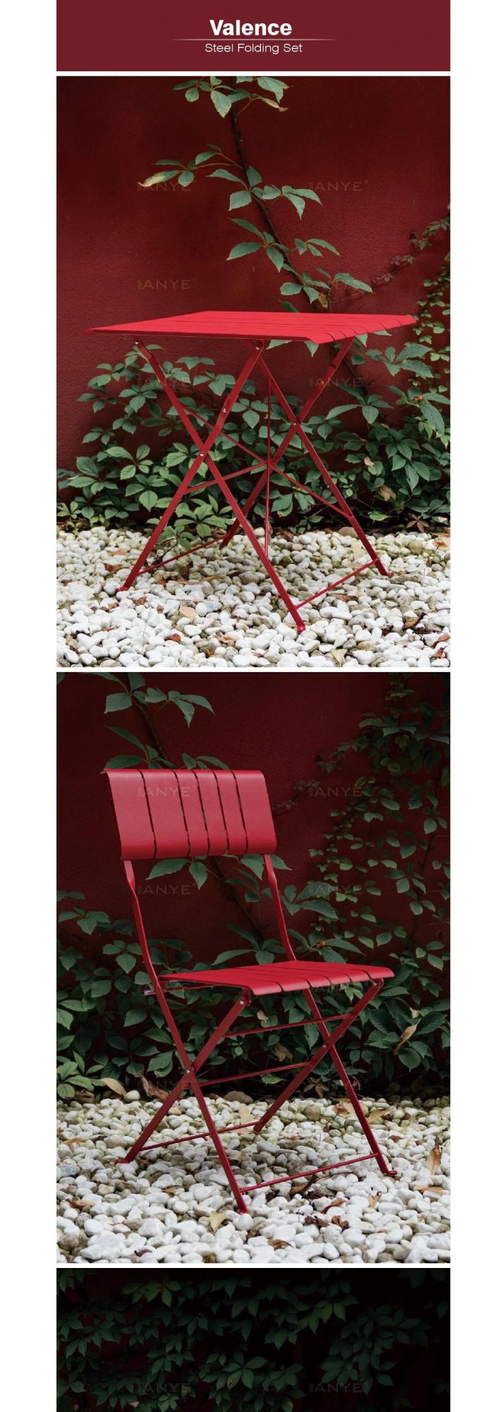 Outdoor Furniture Solid Metal Slats Folding Bistro Furniture Set Dining Table Tea Chair